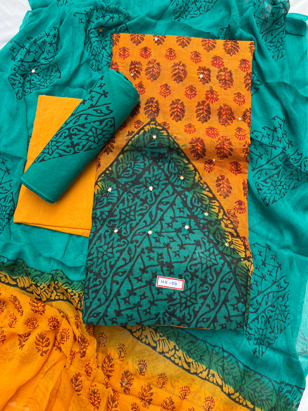 Mirror Work Kota Dress Material – Yellow with Lining | Georgette Dupatta & Cotton Bottom | Festive & Party Wear Fabric Set