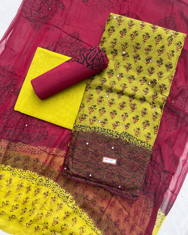 Mirror Work Kota Dress Material – Light Green with Lining | Georgette Dupatta & Cotton Bottom | Festive & Party Wear Fabric Set