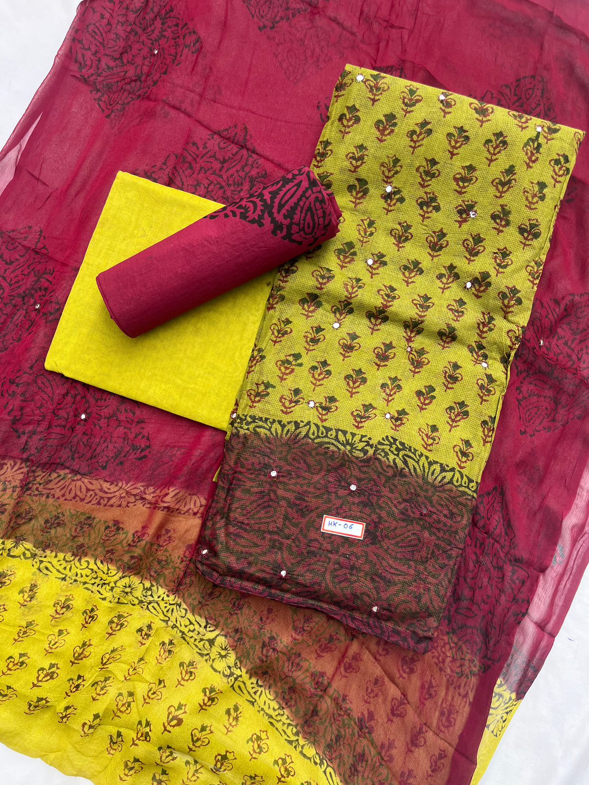 Mirror Work Kota Dress Material – Light Green with Lining | Georgette Dupatta & Cotton Bottom | Festive & Party Wear Fabric Set