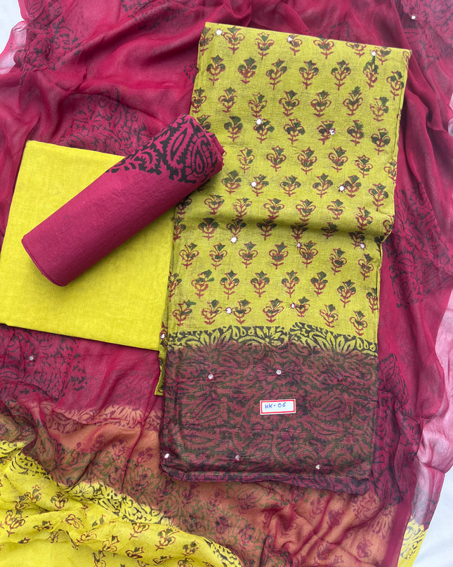 Mirror Work Kota Dress Material – Light Green with Lining | Georgette Dupatta & Cotton Bottom | Festive & Party Wear Fabric Set