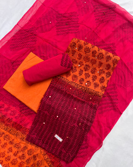 Mirror Work Kota Dress Material – Orange with Lining | Georgette Dupatta & Cotton Bottom | Festive & Party Wear Fabric Set