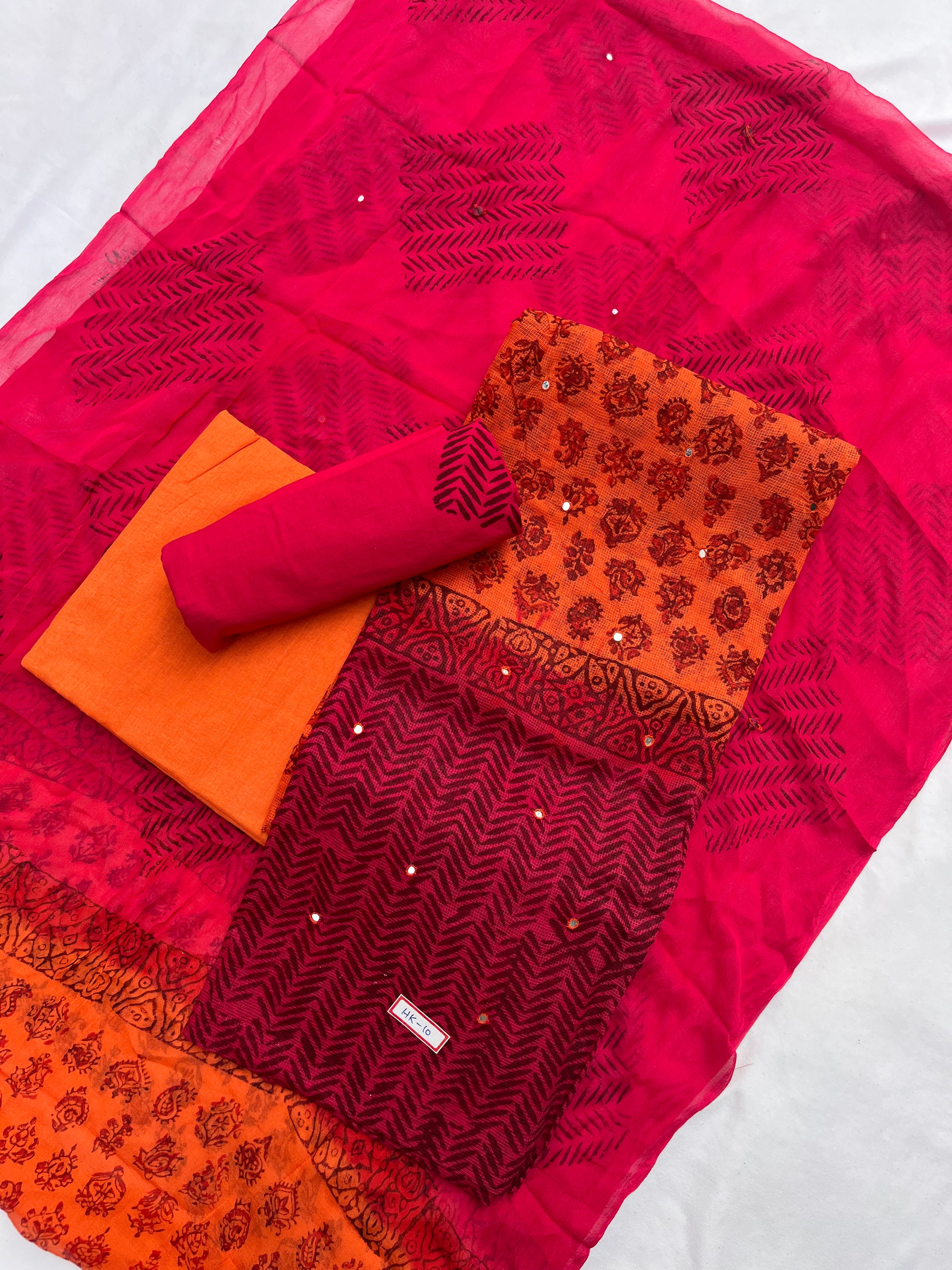 Mirror Work Kota Dress Material – Orange with Lining | Georgette Dupatta & Cotton Bottom | Festive & Party Wear Fabric Set