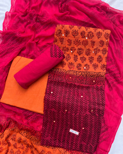 Mirror Work Kota Dress Material – Orange with Lining | Georgette Dupatta & Cotton Bottom | Festive & Party Wear Fabric Set
