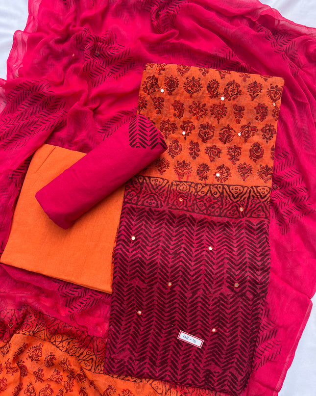 Mirror Work Kota Dress Material – Orange with Lining | Georgette Dupatta & Cotton Bottom | Festive & Party Wear Fabric Set