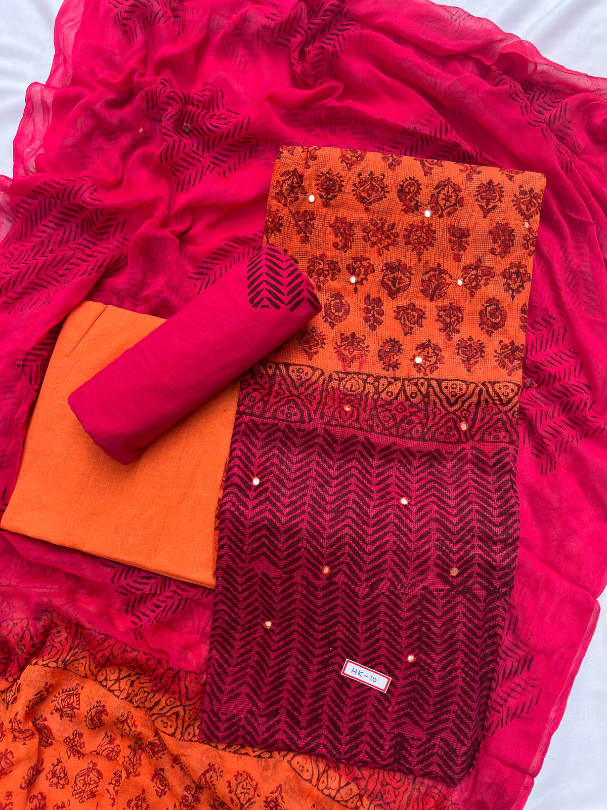 Mirror Work Kota Dress Material – Orange with Lining | Georgette Dupatta & Cotton Bottom | Festive & Party Wear Fabric Set