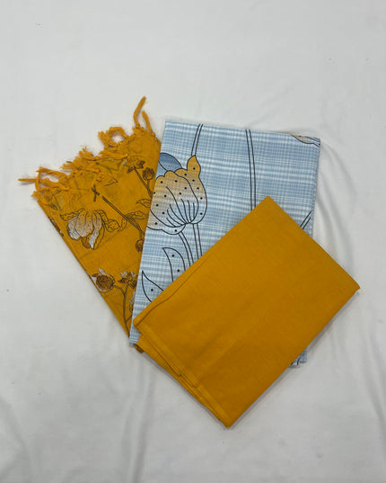 Cotton Dress Material with Yellow Chunni with Grey Colour