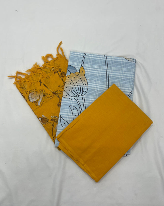 Cotton Dress Material with Yellow Chunni with Grey Colour