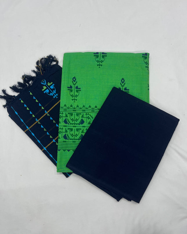 Cotton Dress Material with Navy Blue Chunni