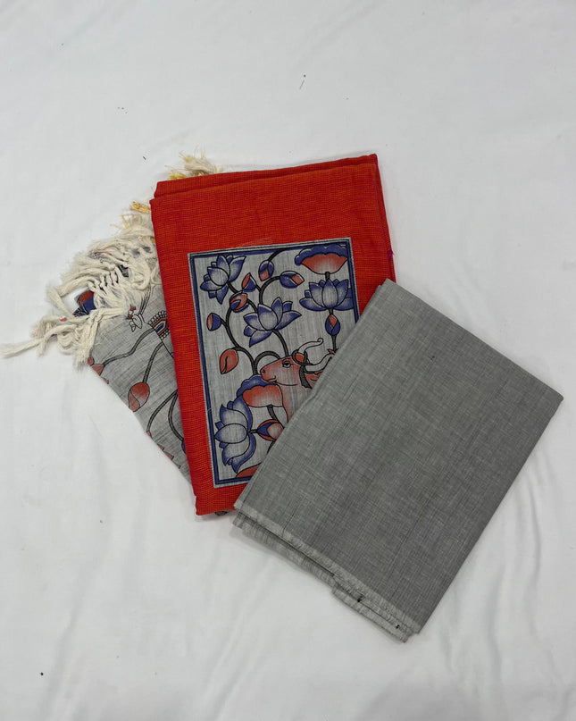 Cotton Dress Material with Kalamkari Chunni with Orange Color