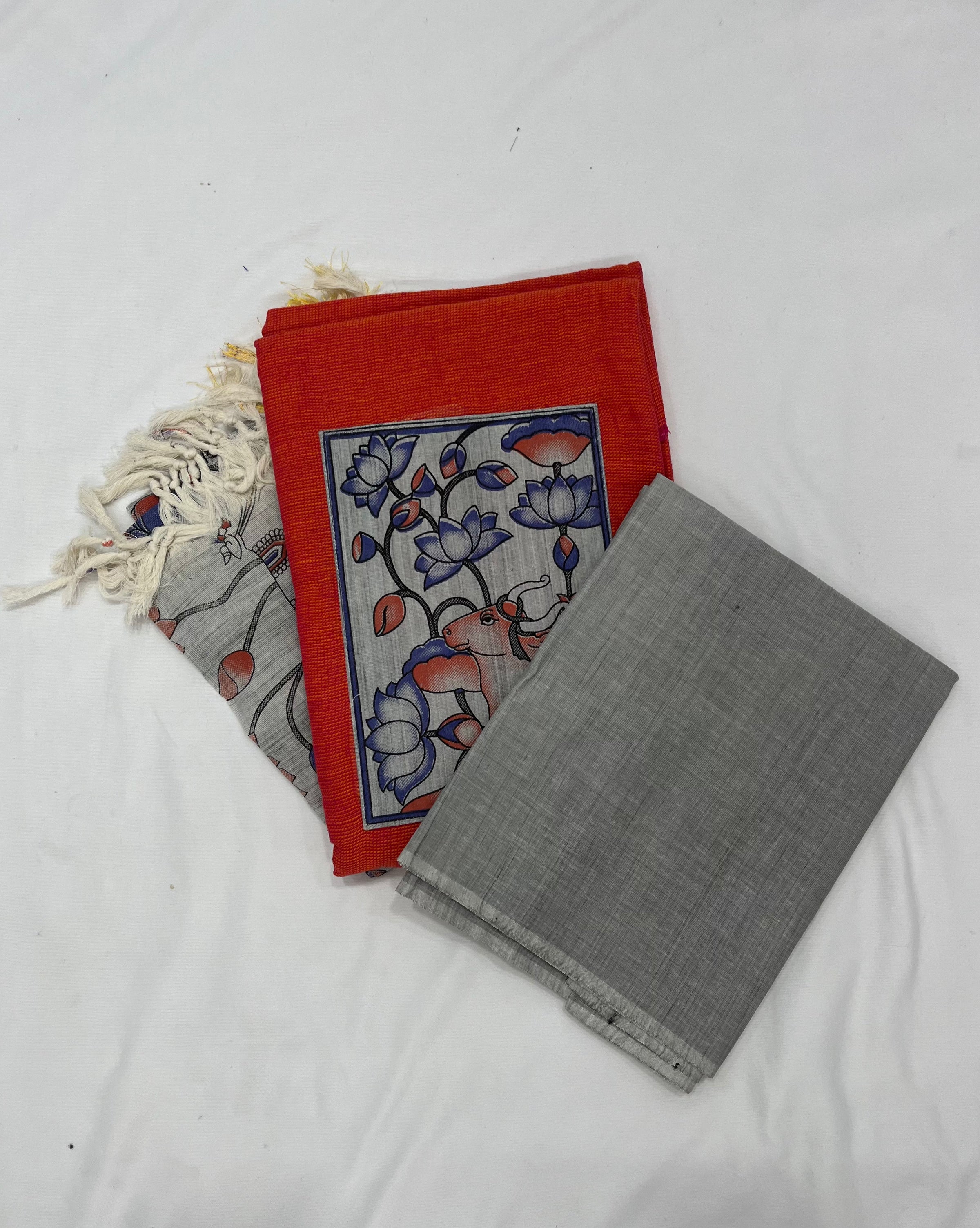 Cotton Dress Material with Kalamkari Chunni with Orange Color