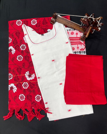 Jacquard Cotton Kurti Set Half White & Red – Straight Cut Pattern with Elbow Sleeves