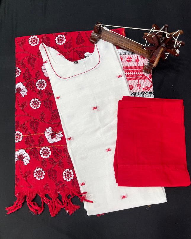 Jacquard Cotton Kurti Set Half White & Red – Straight Cut Pattern with Elbow Sleeves