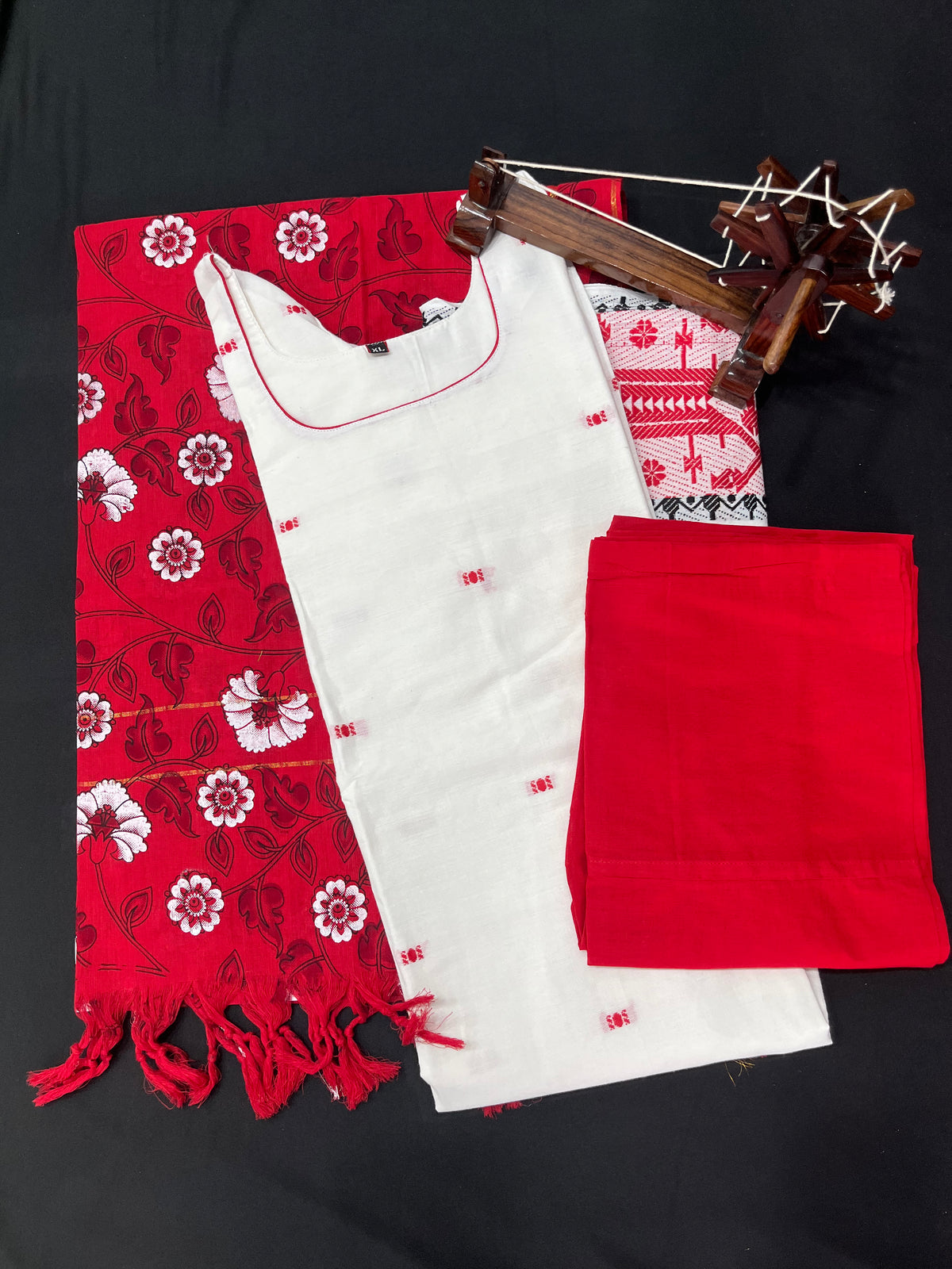 Jacquard Cotton Kurti Set Half White & Red – Straight Cut Pattern with Elbow Sleeves