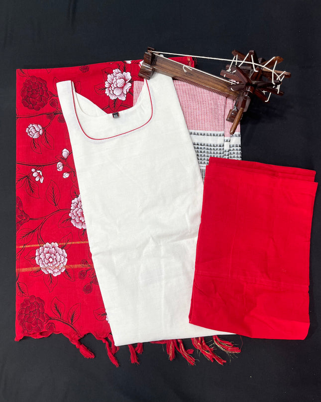 Jacquard Kurti Set Half White & Red – Elegant Straight Cut Style for Women