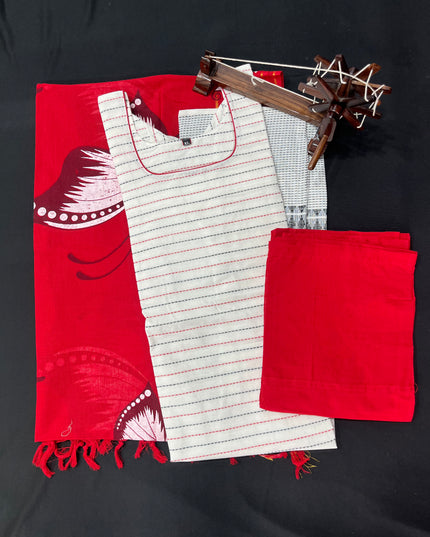 Jacquard Kurti Set Half White & Red – Straight Cut Style, Elbow Length Hands