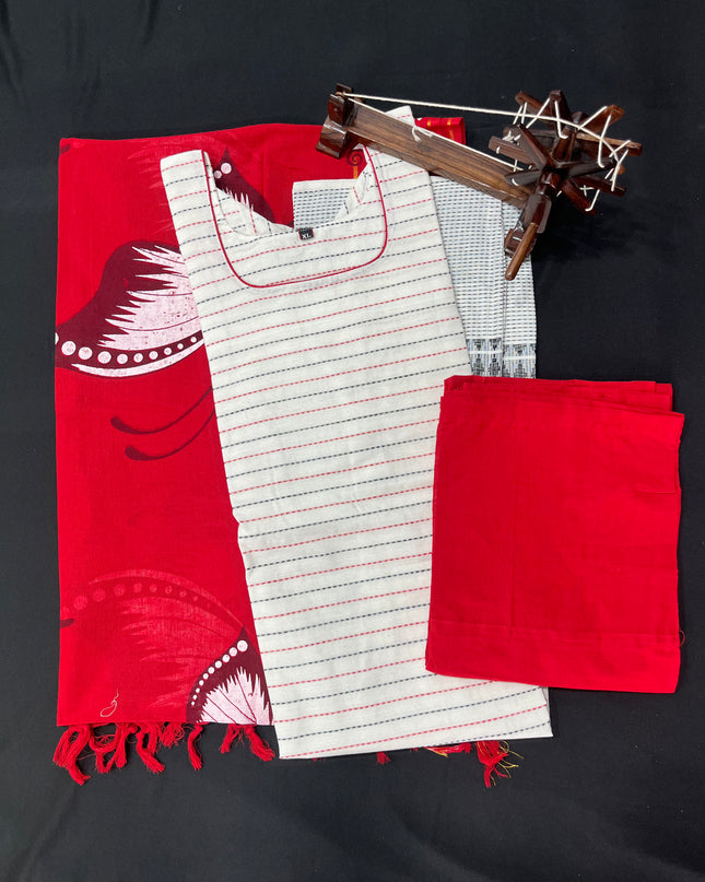Jacquard Kurti Set Half White & Red – Straight Cut Style, Elbow Length Hands
