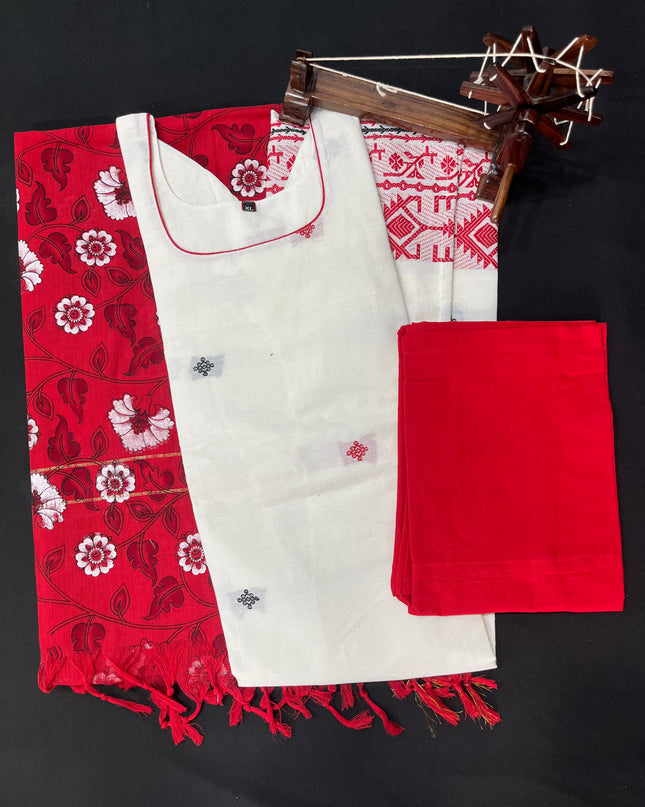 Jacquard Cotton Kurti Set Half White & Red – Straight Cut Style, Elbow Length Sleeves