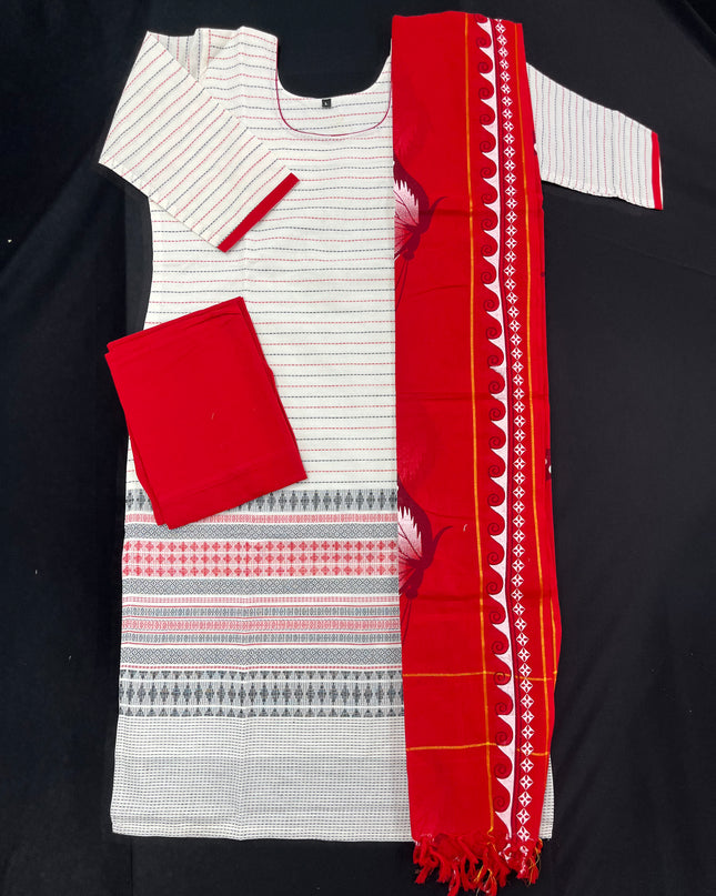 Jacquard Kurti Set Half White & Red – Straight Cut Style, Elbow Length Hands