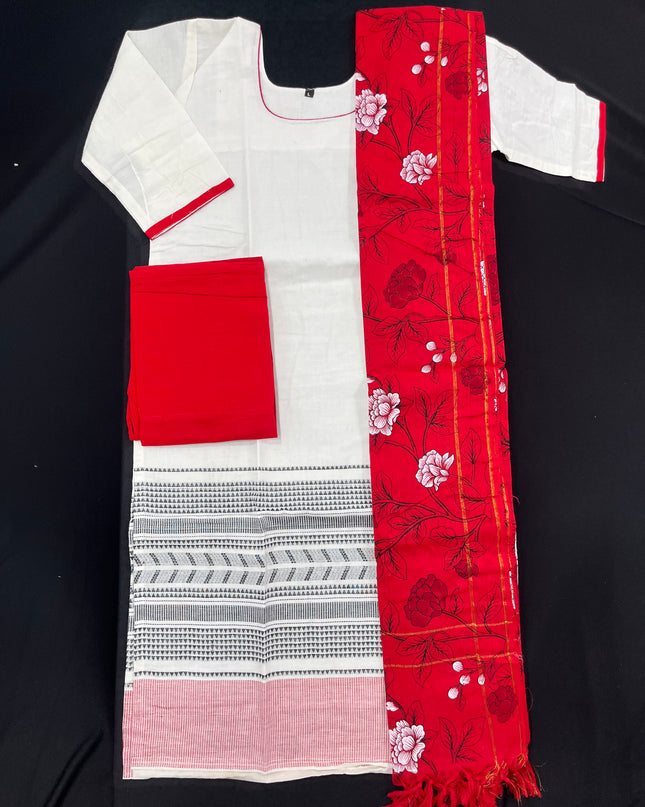 Jacquard Kurti Set Half White & Red – Elegant Straight Cut Style for Women