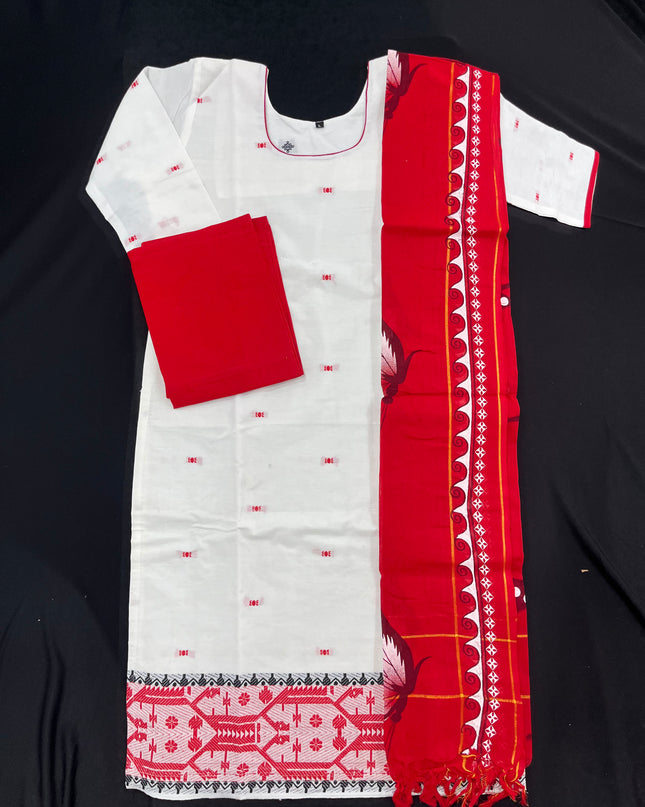 Jacquard Cotton Kurti Set Half White & Red – Straight Cut Pattern with Elbow Sleeves