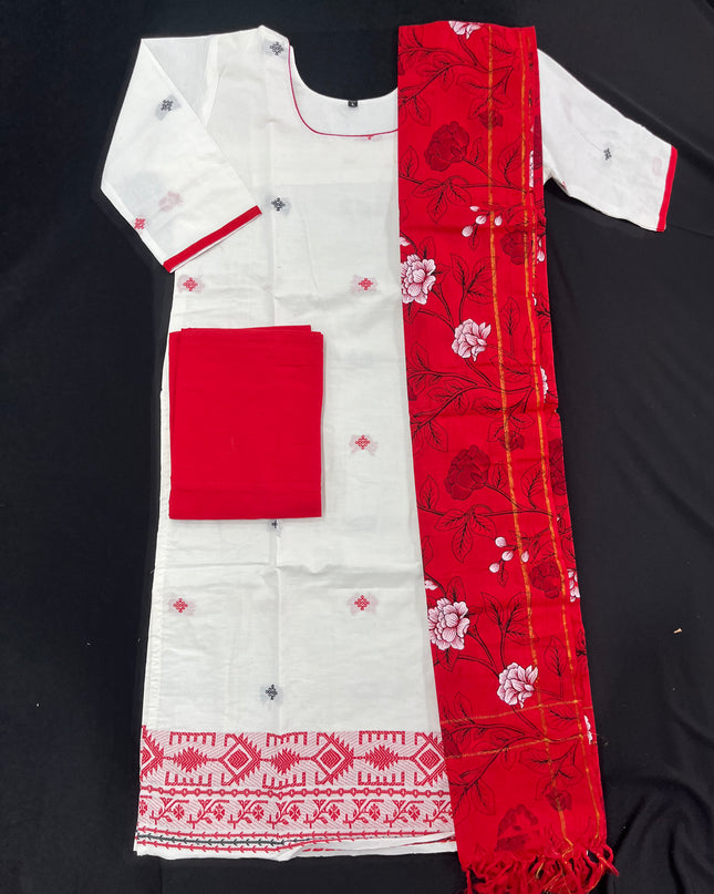 Jacquard Cotton Kurti Set Half White & Red – Straight Cut Style, Elbow Length Sleeves