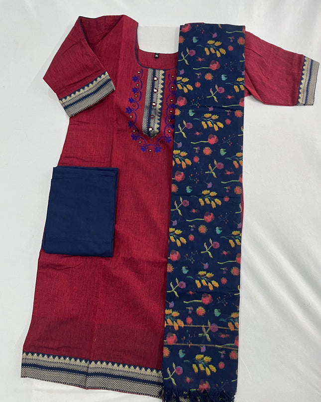 Mangalagiri Cotton Kurti Set Maroon – Straight Cut Style, Elbow Length Sleeves