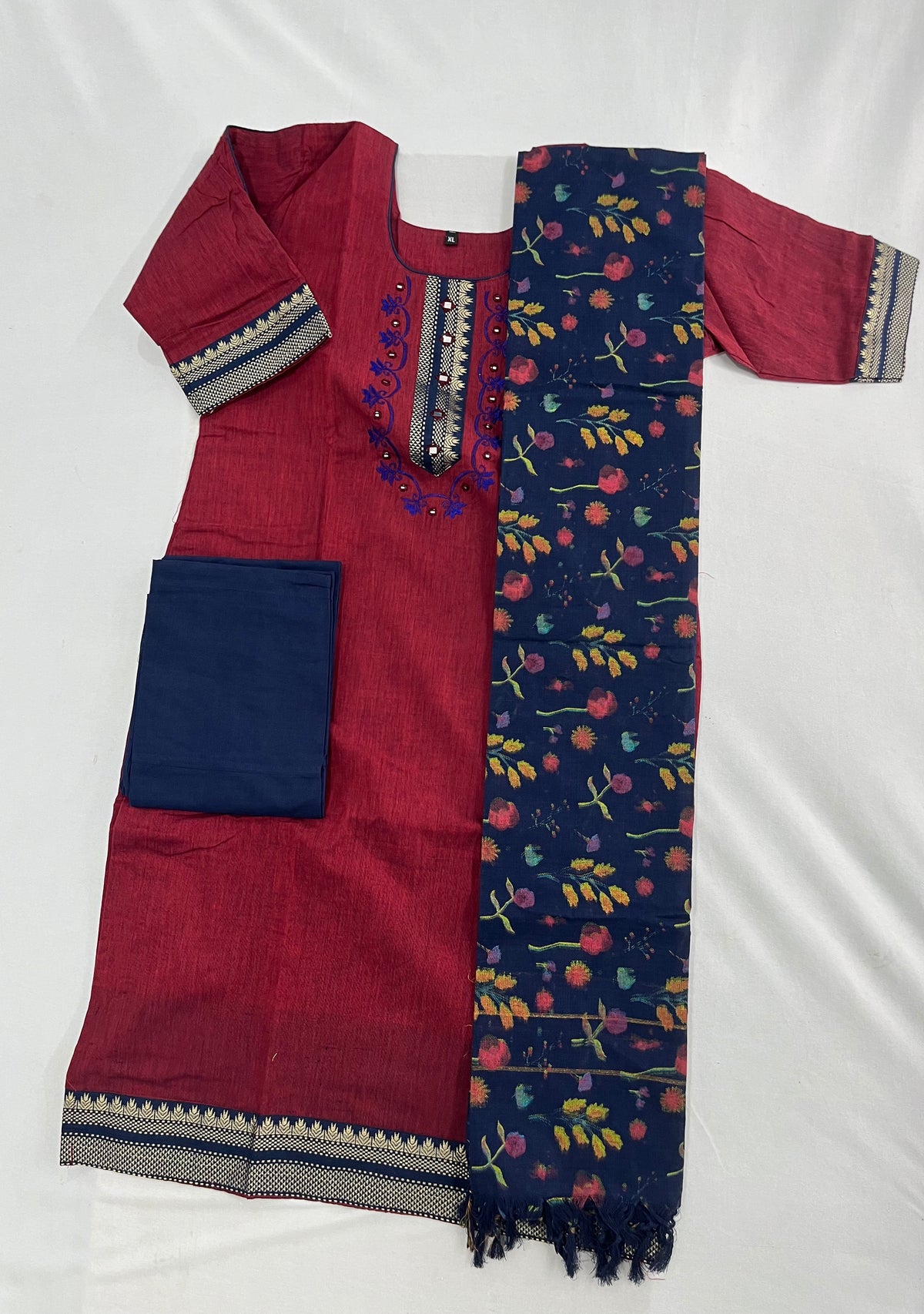 Mangalagiri Cotton Kurti Set Maroon – Straight Cut Style, Elbow Length Sleeves