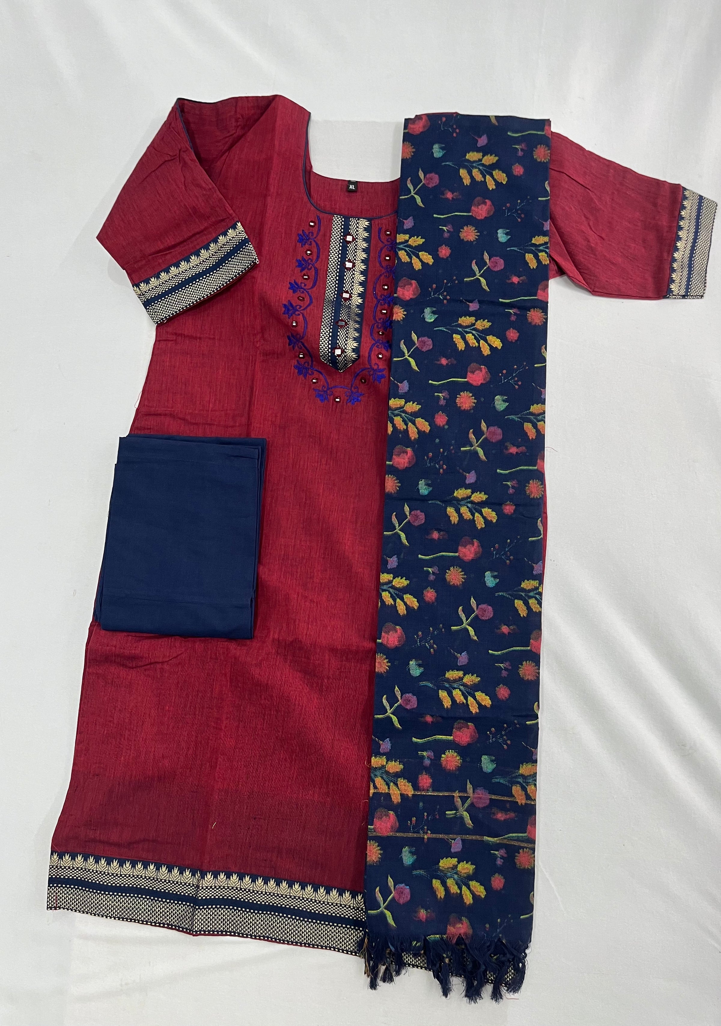 Mangalagiri Cotton Kurti Set Maroon – Straight Cut Style, Elbow Length Sleeves