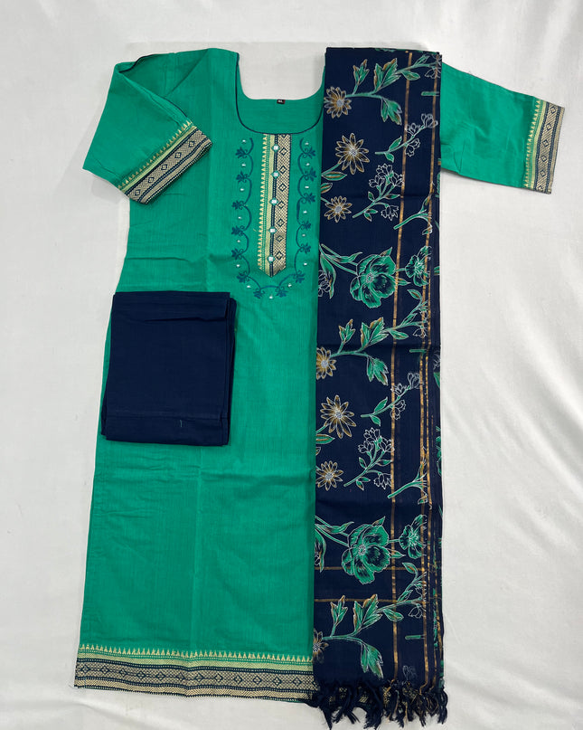 Mangalagiri Cotton Kurti Set Mint Green – Straight Cut Style, Elbow Length Sleeves
