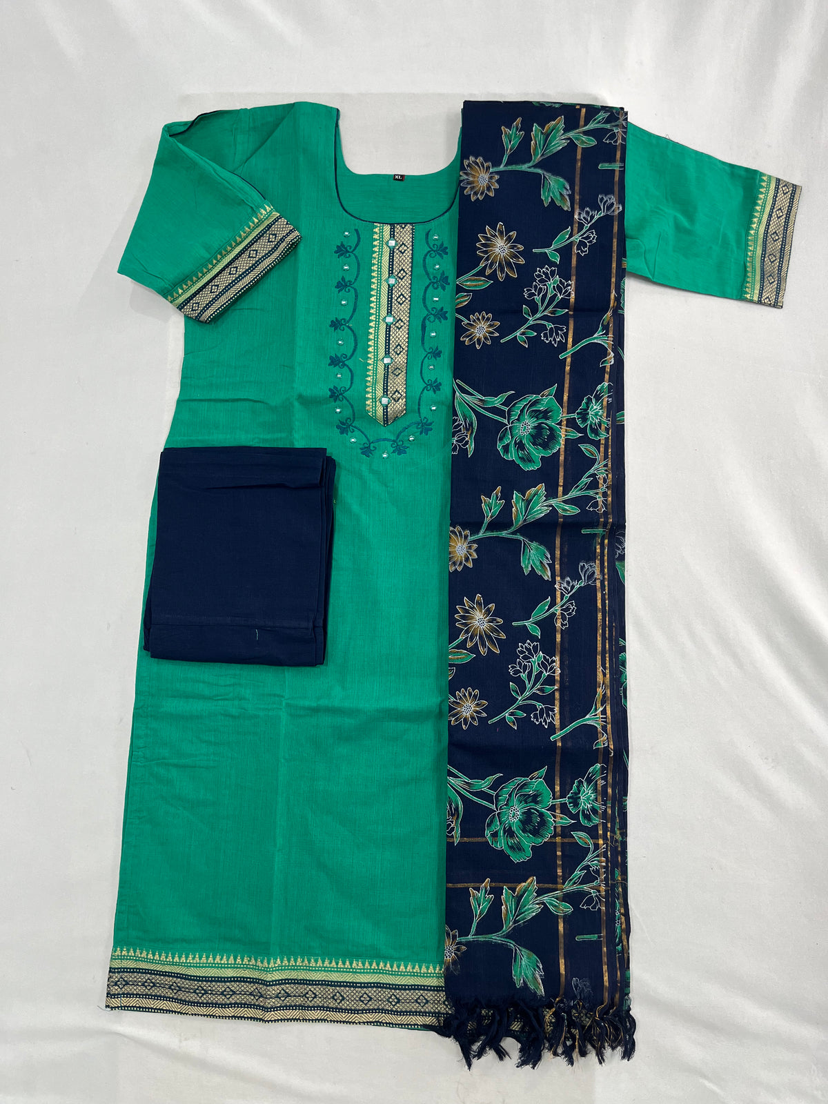 Mangalagiri Cotton Kurti Set Mint Green – Straight Cut Style, Elbow Length Sleeves