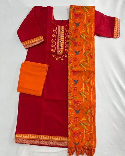 Mangalagiri Cotton Kurti Set Dark Red – Straight Cut Style, Elbow Length Sleeves