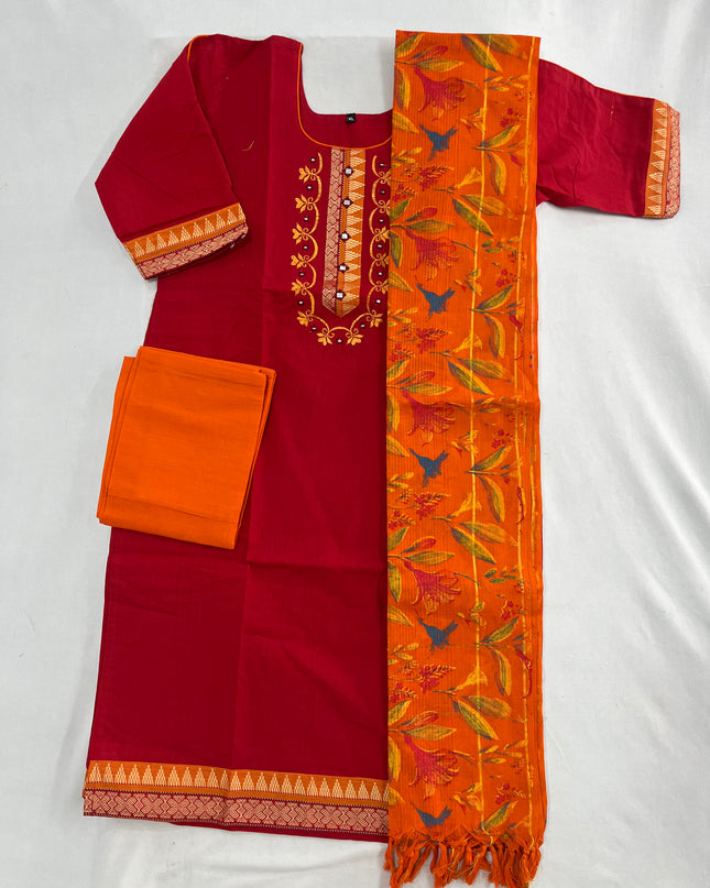Mangalagiri Cotton Kurti Set Dark Red – Straight Cut Style, Elbow Length Sleeves