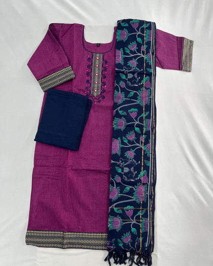 Mangalagiri Cotton Kurti Set Purple – Straight Cut Style, Elbow Length Sleeves