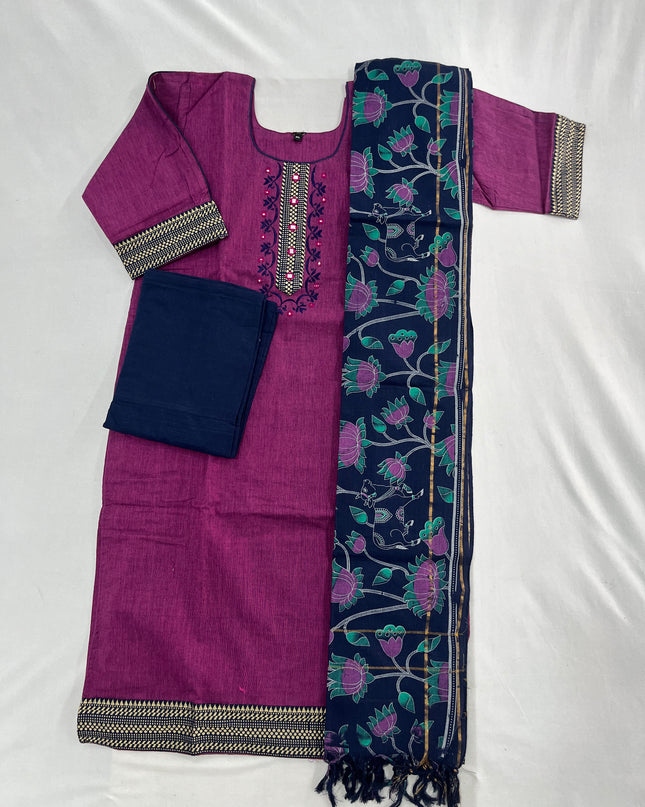 Mangalagiri Cotton Kurti Set Purple – Straight Cut Style, Elbow Length Sleeves