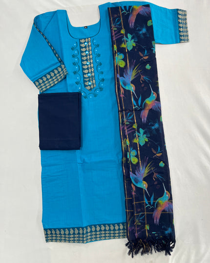 Mangalagiri Cotton Kurti Set Sky Blue – Straight Cut Style, Elbow Length Sleeves