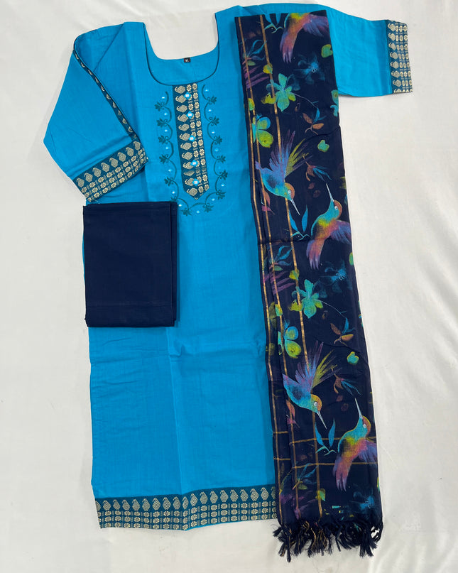 Mangalagiri Cotton Kurti Set Sky Blue – Straight Cut Style, Elbow Length Sleeves