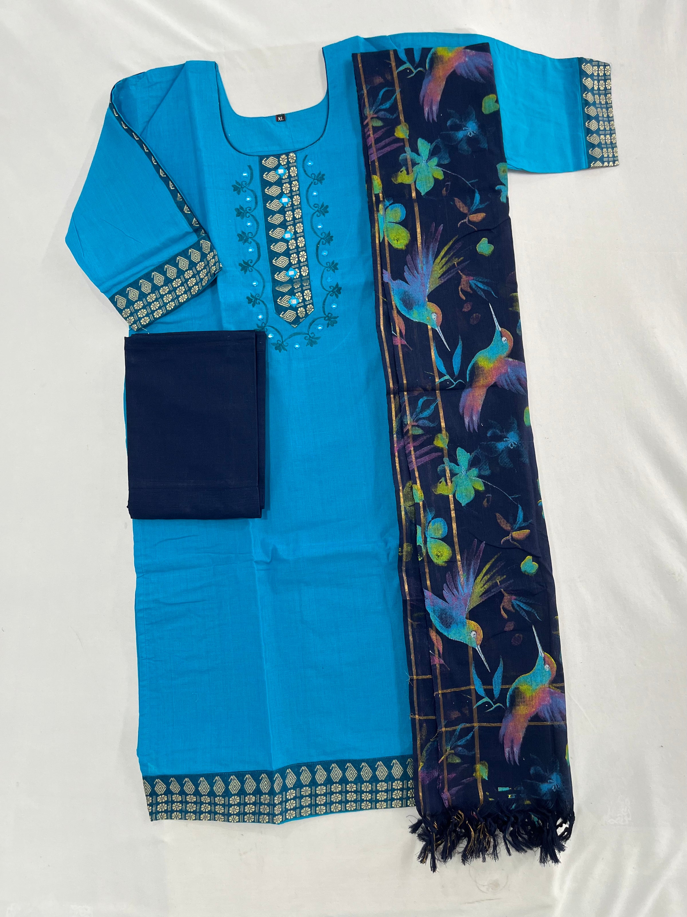 Mangalagiri Cotton Kurti Set Sky Blue – Straight Cut Style, Elbow Length Sleeves