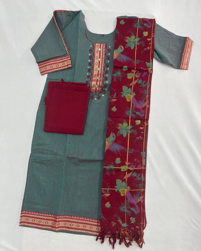 Mangalagiri Cotton Kurti Set Ash Gray – Straight Cut Style, Elbow Length Sleeves