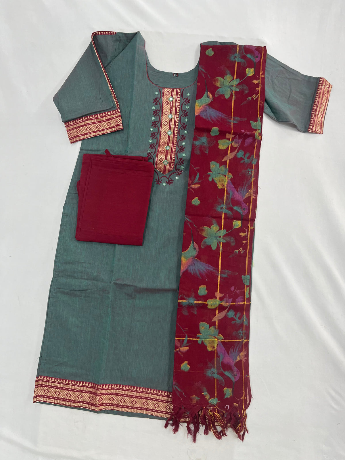 Mangalagiri Cotton Kurti Set Ash Gray – Straight Cut Style, Elbow Length Sleeves