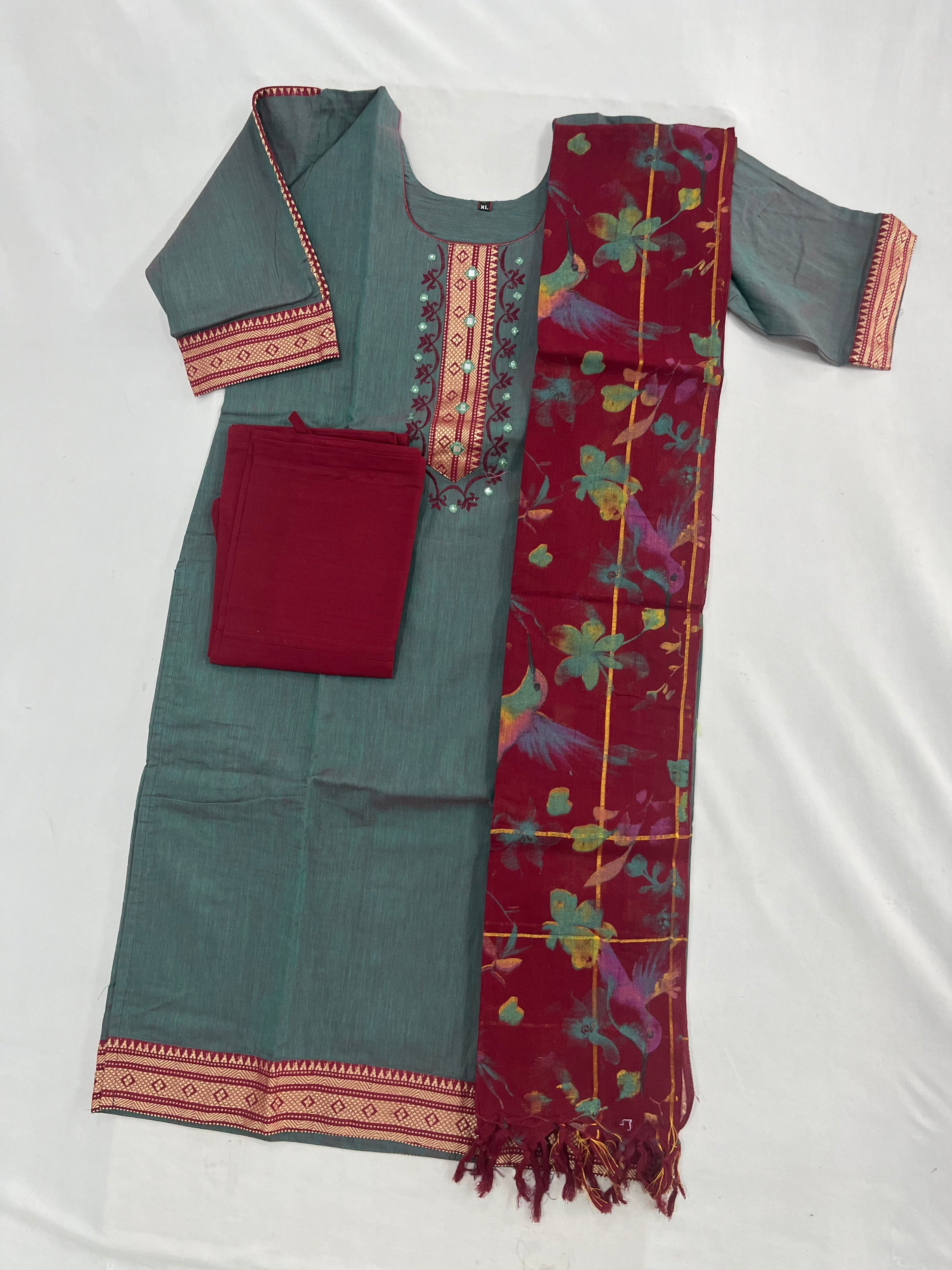 Mangalagiri Cotton Kurti Set Ash Gray – Straight Cut Style, Elbow Length Sleeves