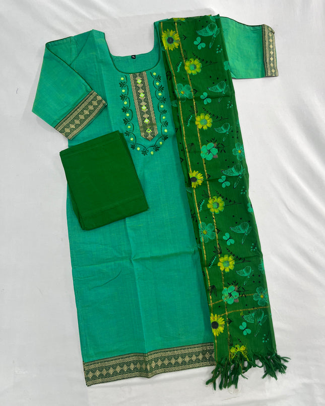 Mangalagiri Cotton Kurti Set Lux Green – Straight Cut Style, Elbow Length Sleeves