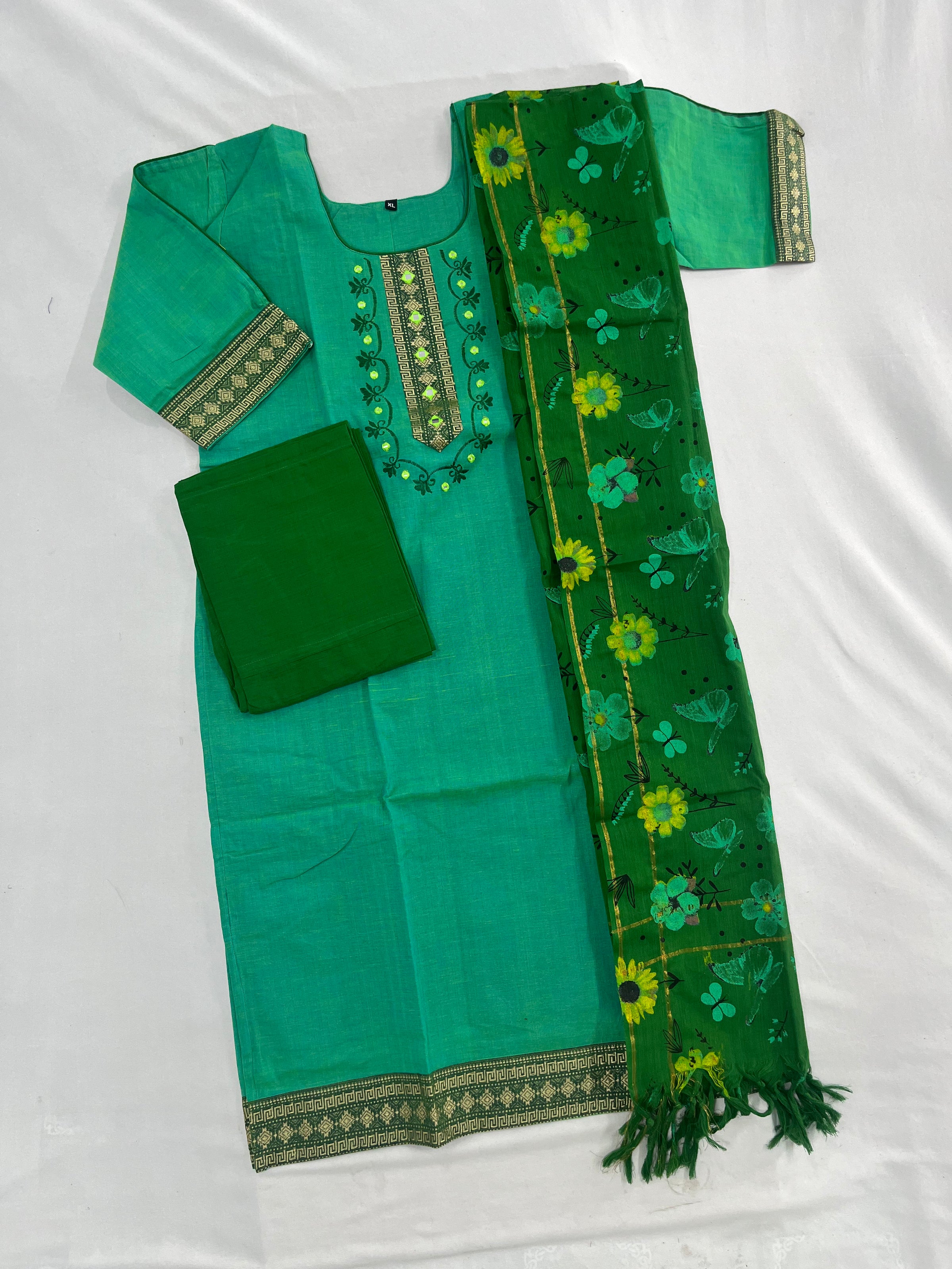 Mangalagiri Cotton Kurti Set Lux Green – Straight Cut Style, Elbow Length Sleeves
