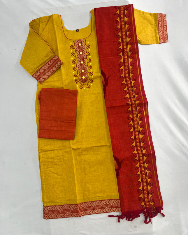 Mangalagiri Cotton Kurti Set Yellow – Straight Cut Style, Elbow Length Sleeves