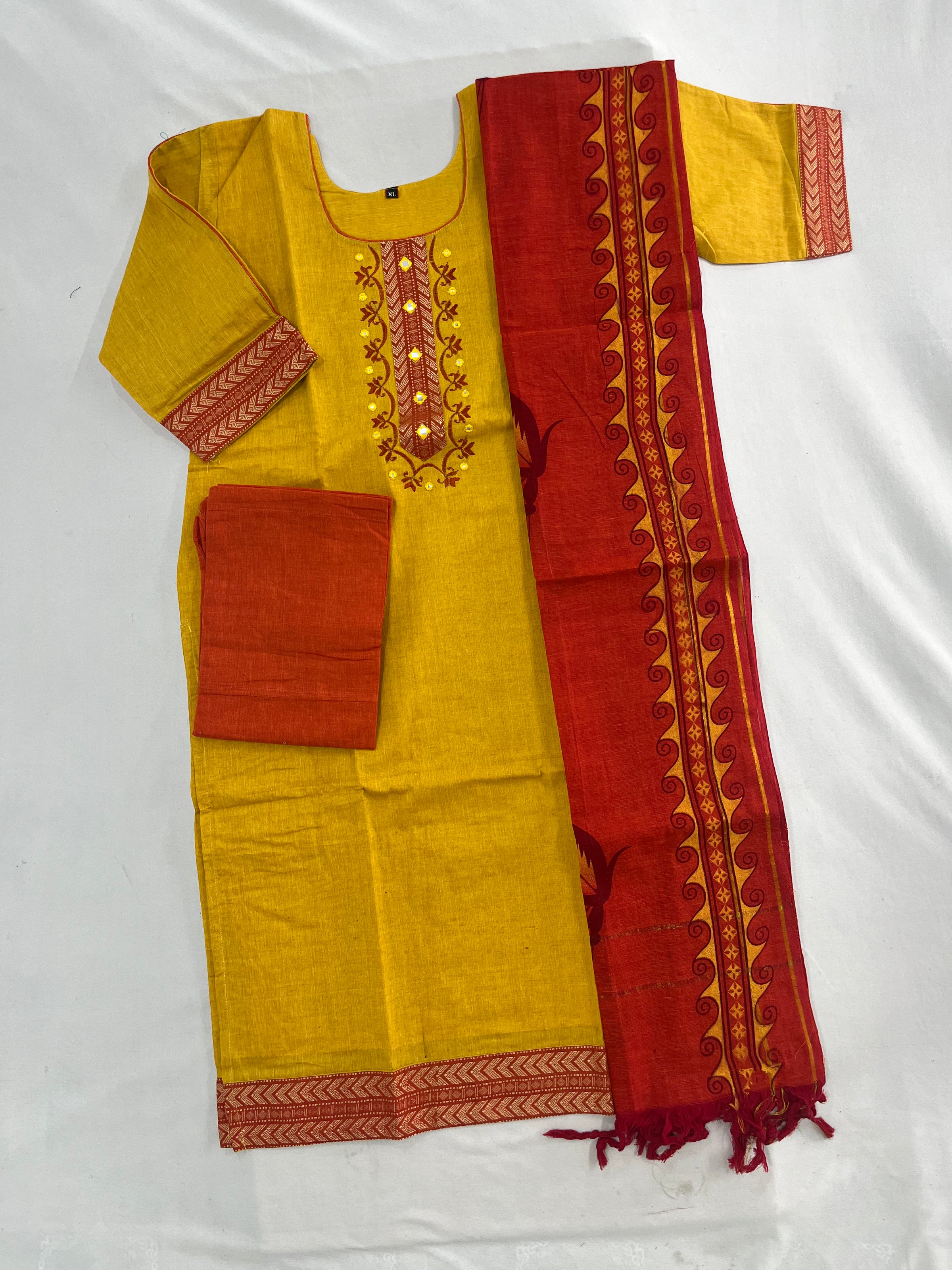 Mangalagiri Cotton Kurti Set Yellow – Straight Cut Style, Elbow Length Sleeves