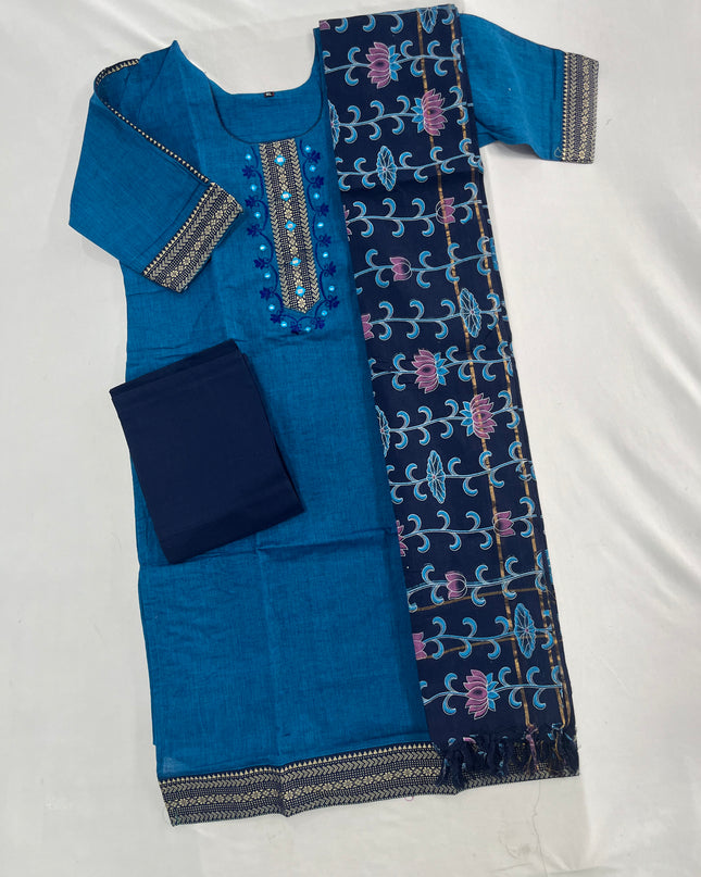 Mangalagiri Cotton Kurti Set Dark Blue – Straight Cut Style with Elbow Length Sleeves
