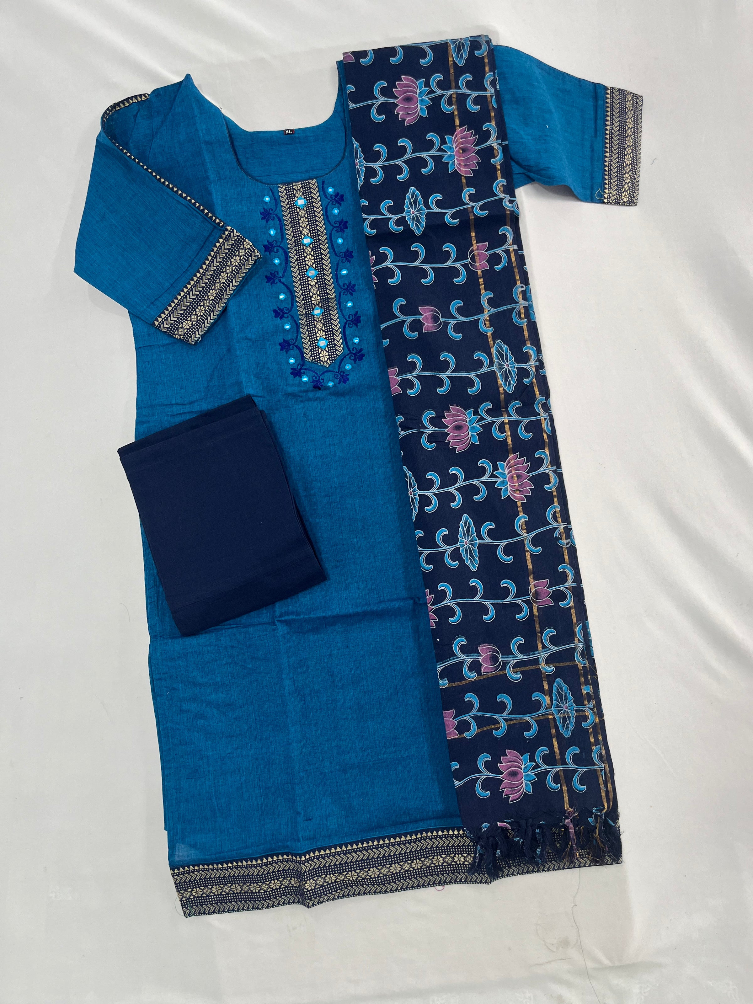 Mangalagiri Cotton Kurti Set Dark Blue – Straight Cut Style with Elbow Length Sleeves