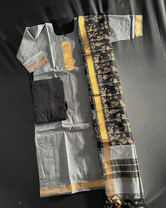 Mangalagiri Cotton Kurti Set Gray – Premium Full-Length Lining for Women