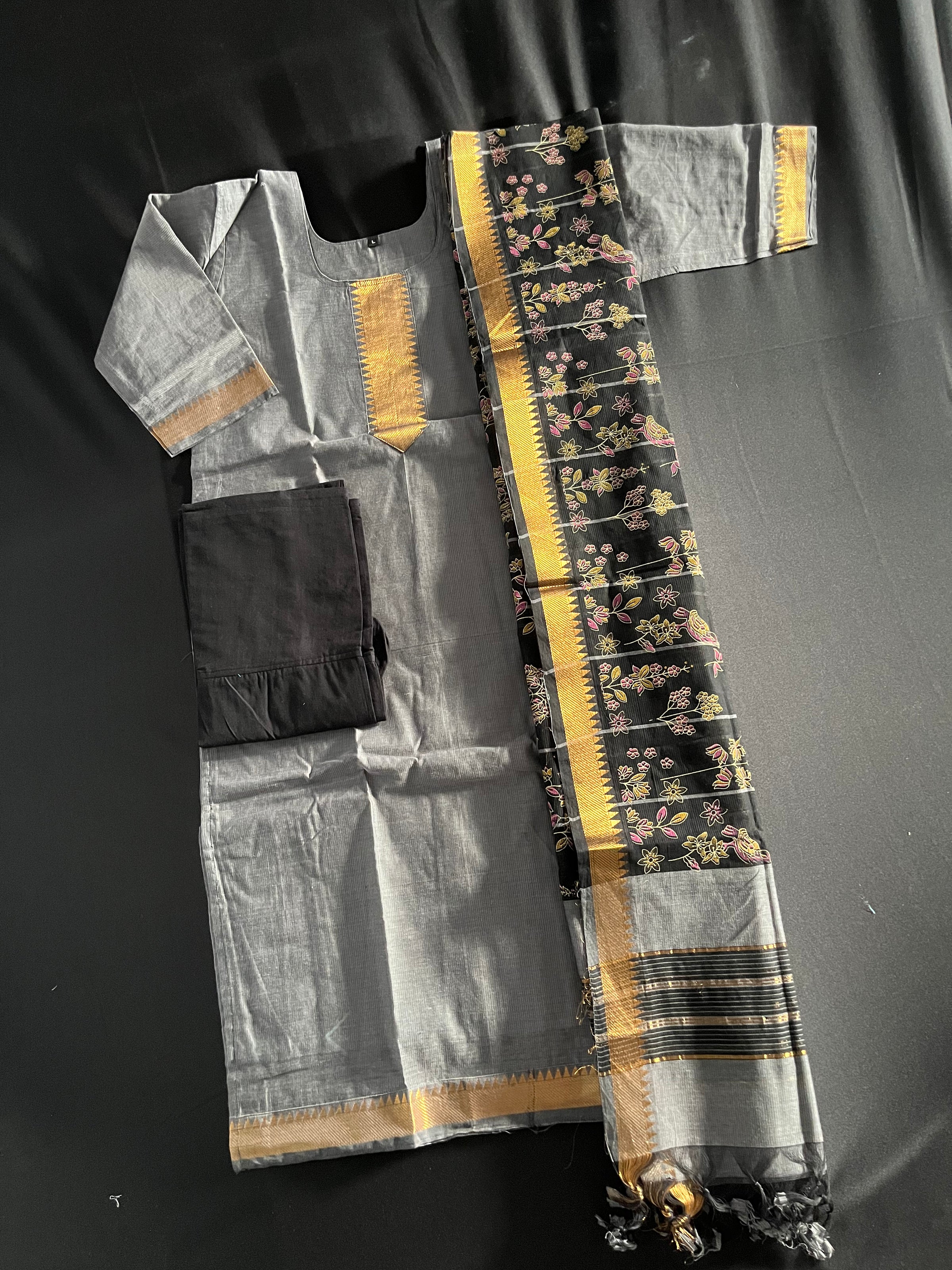 Mangalagiri Cotton Kurti Set Gray – Premium Full-Length Lining for Women