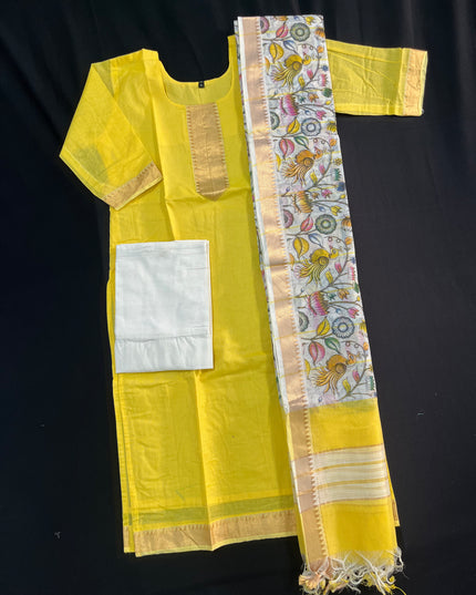Mangalagiri Cotton Kurti Set Yellow – Premium Full-Length Lining for Women