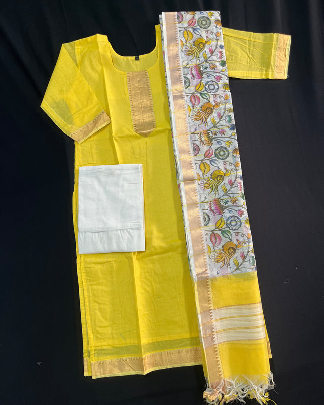 Mangalagiri Cotton Kurti Set Yellow – Premium Full-Length Lining for Women